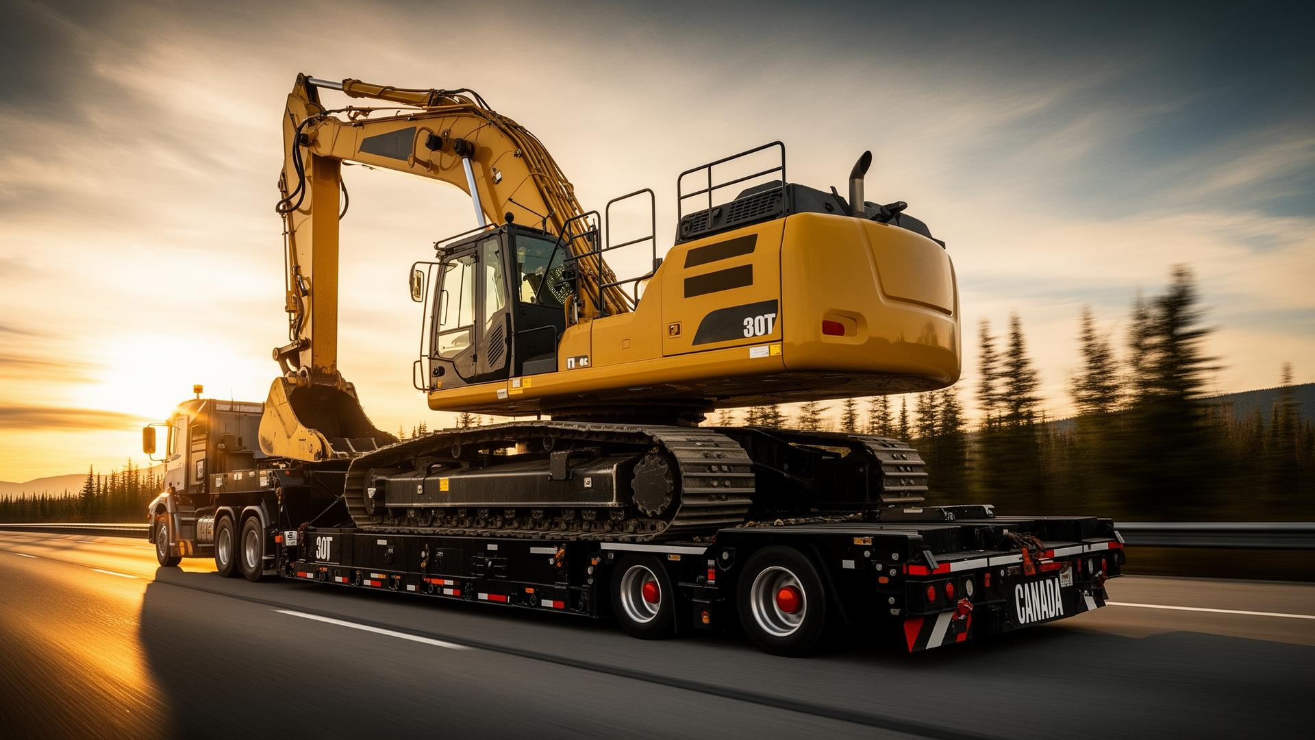 Heavy equipment loaded on lowboy trailer